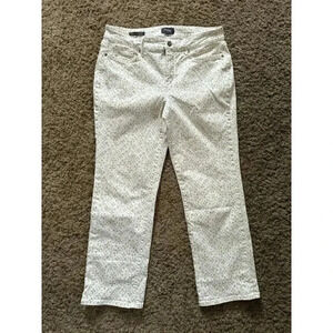 NYDJ Marilyn Straight Jeans White Mandala Print Lift Tuck Technology Denim Sz 10